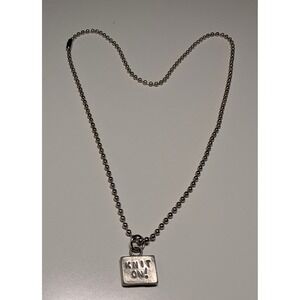 KNIT ON! Hand Stamped Square Pendant Ball Chain Necklace Pewter Gift For Knitter